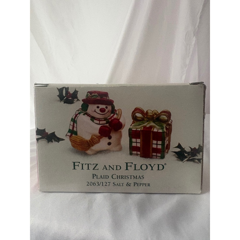 Fitz and Floyd Plaid Christmas Snowman and Gift Salt & Pepper Shakers 2063/127